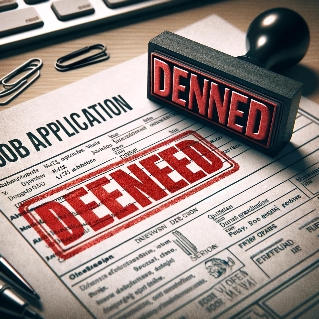 An AI generated image of ajob application with a large hilariously mispelled stamp saying denied on it