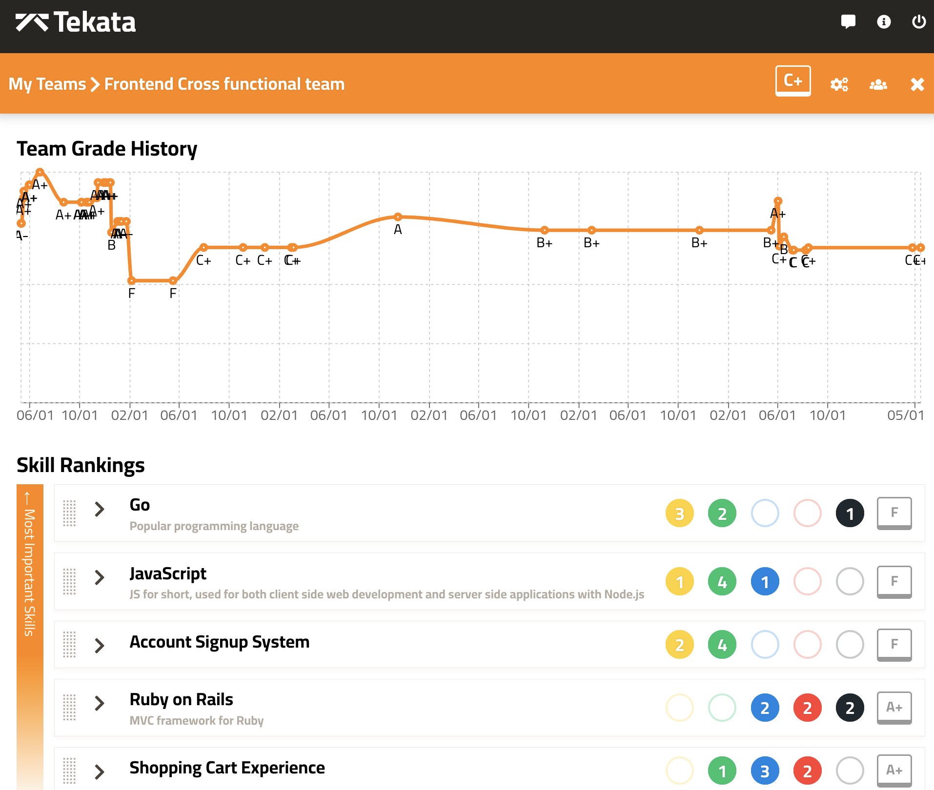 screenshot of tekata.io application showing list of skills and how well covered the team is for each one