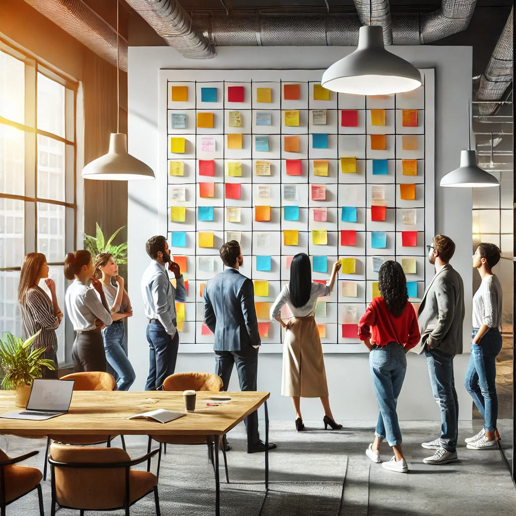 AI generated image of a group of people standing in front of a white board having a discussion, such as you would see at a sprint retrospective.