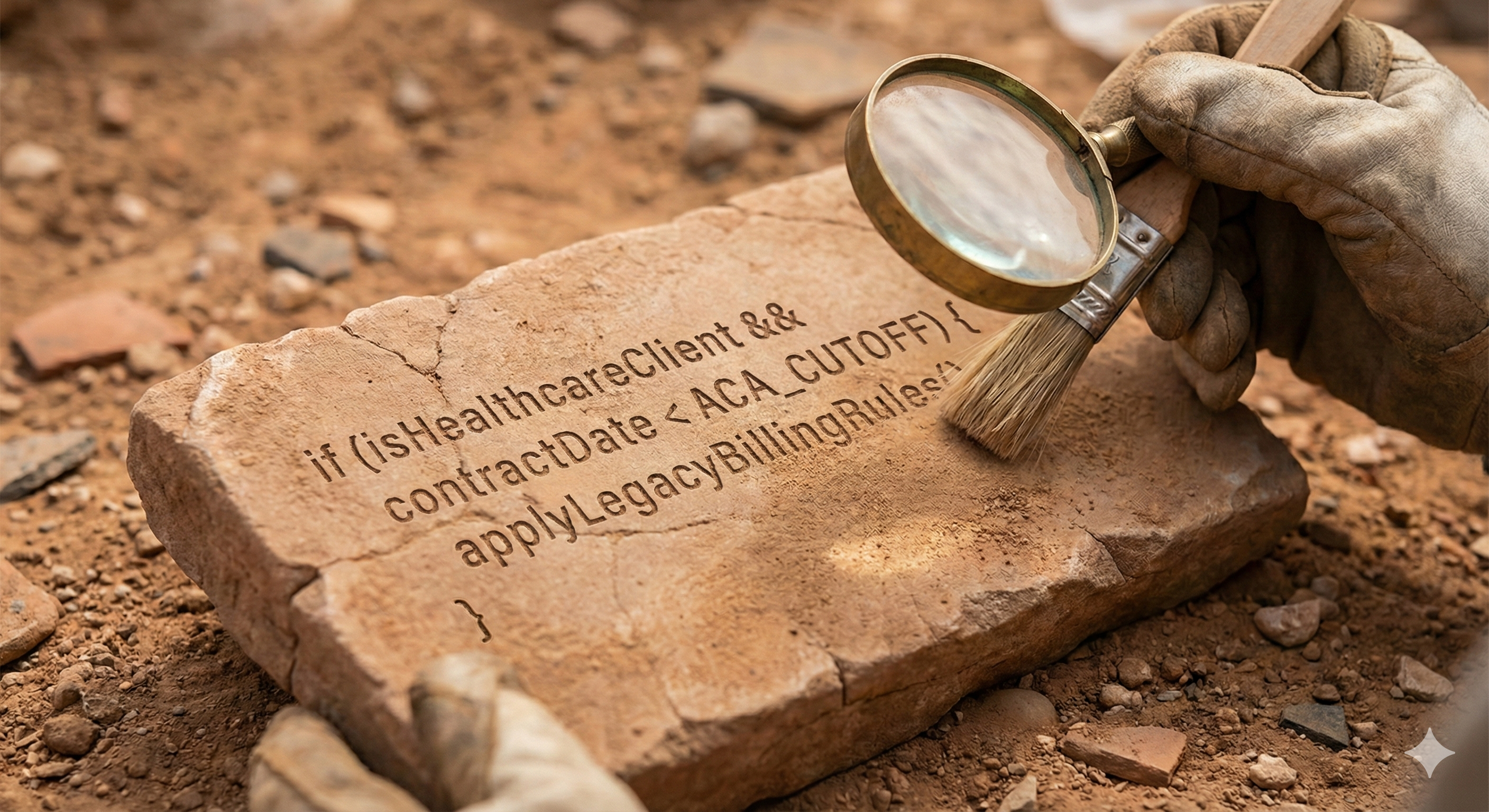 Ancient tablet depicting some legacy java software code being examined by an archeologist