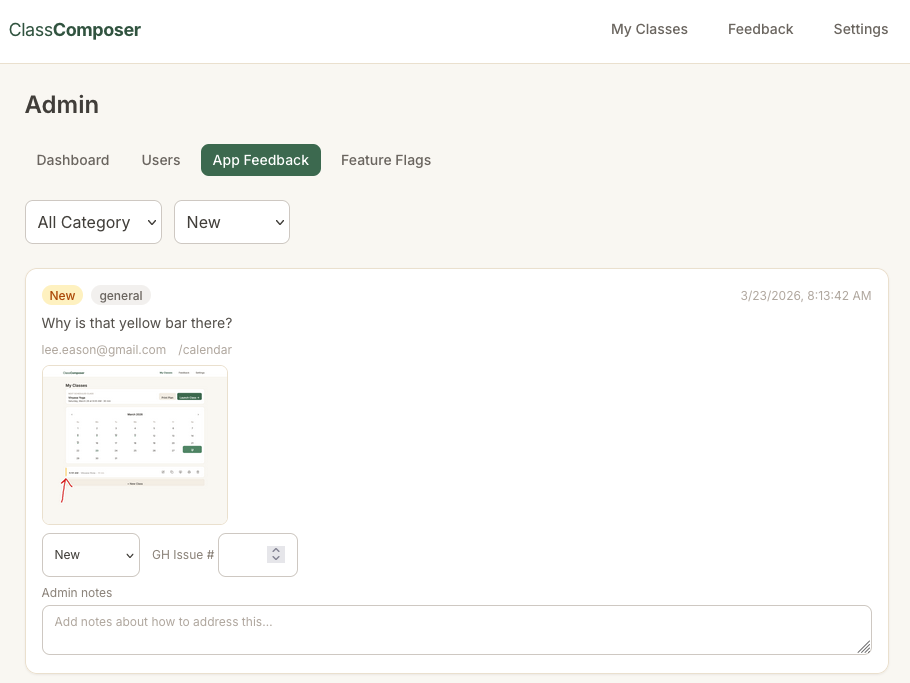 Screenshot of feedback review admin screen