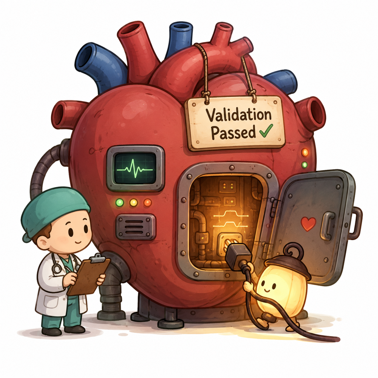 A cartoon of a heart doctor working on a heart.